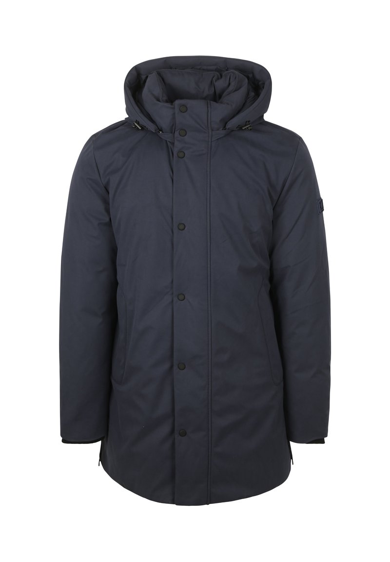 Marineblauwe geïsoleerde parka met een capuchon, voorzien van een ritssluiting, drukknoopsluiting en zijzakken. Glad textuur en een iets verlengde vorm.