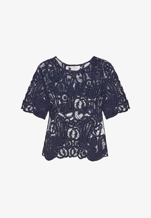 Mørkeblå blonde top med korte ærmer, der har indviklede blomster mønstre og en rund halsudskæring. Let og halv-gennemsigtig materiale.