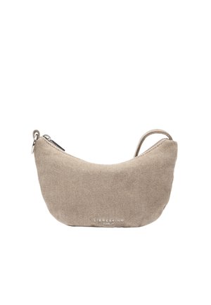 Mała beżowa materiałowa torebka na nadgarstek z zamknięciem na zamek i krótkim paskiem, z subtelnym logo "Liebeskind Berlin" z przodu.