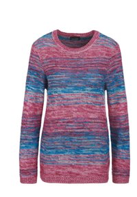 Strickpullover mit einem mehrfarbigen Muster aus pinken, blauen und grauen Farbtönen, Rundhalskragen und langen Ärmeln. Strukturierten Stoff.