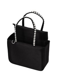 Borsa in tessuto nero con due manici superiori, decorata con accenti di gemme trasparenti lungo i manici. Design con apertura superiore, forma rettangolare, texture liscia.