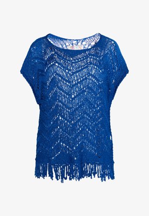 Kék kötött felső, chevron mintázattal, rövid ujjal és bojtos szegéllyel. Könnyű, texturált fonalból készült.