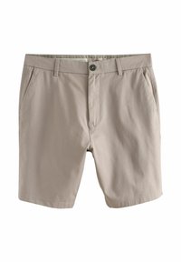 Beige korte broek met een platte voorkant, twee zijzakken en een sluiting met een enkele knoop. Gemaakt van lichtgewicht stof met een gladde textuur.