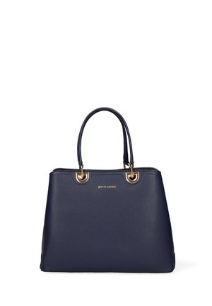 Marineblauwe Pierre Cardin handtas met twee handvatten, goudkleurige metalen accenten en een gestructureerde rechthoekige vorm.