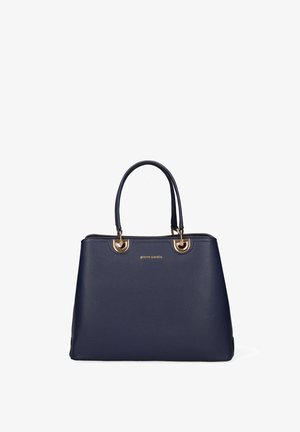 Marineblaue Pierre Cardin Handtasche mit zwei Griffen, goldfarbenen Hardware-Akzenten und einer strukturierten rechteckigen Form.