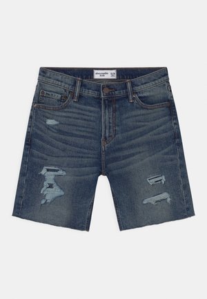 Niebieskie jeansowe szorty dziecięce z przetarciami, w stylu pięciokieszeniowym, z szlufkami na pasek i zapinane na guzik, rozmiar 13/14, marki Abercrombie Kids.