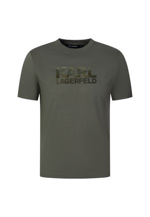 Kortærmet olivengrøn t-shirt med rund halsudskæring og "KARL LAGERFELD" logo-tekst på brystet.