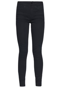 Černé džíny skinny mají úzký střih, standardní pás s knoflíkovým zapínáním a čtyři kapsy, což zajišťuje hladkou strukturu po celé ploše.