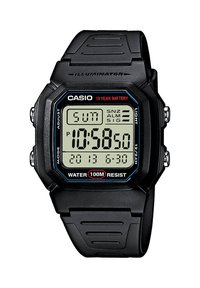 Montre numérique Casio avec un bracelet en plastique noir, un boîtier rectangulaire, un grand écran LCD, étanche jusqu'à 100 mètres et une autonomie de batterie de 10 ans.