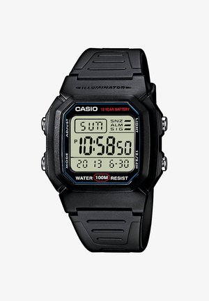 Casio digitaalne kell musta plastist rihmaga, ristküliku kujuline korpus, suur LCD-ekraan, veekindel kuni 100 meetrit ning 10-aastane aku eluiga.