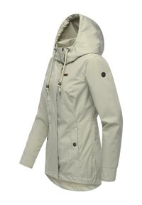 Lys beige hettejakke for kvinner med glidelås foran, snøring i hetten, lommer med knapper og logopatch på venstre erme.