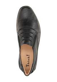 Black leather slip-on shoe with a rounded toe, textured upper, pleated design, and a beige interior featuring the brand name "Think!".