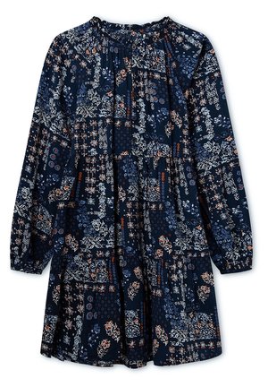 Robe bleu marine à manches longues avec un motif patchwork floral et géométrique mixte en blanc, bleu clair et rouille, avec un col et des poignets froncés.