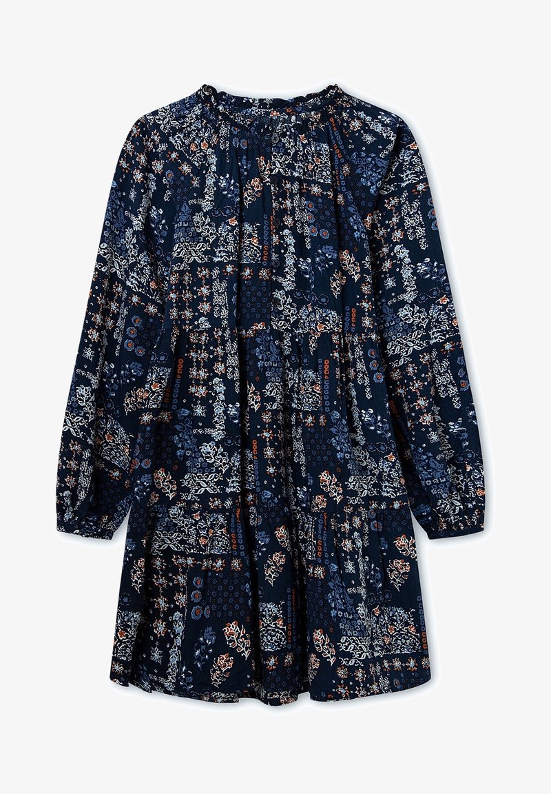 Robe bleu marine à manches longues avec un motif patchwork floral et géométrique mixte en blanc, bleu clair et rouille, avec un col et des poignets froncés.