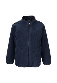 Marinblå fleecejacka med en texturerad utsida, ståkrage, full dragkedja framtill och två sidofickor. Svart kant längs kanterna.