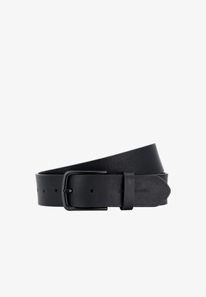 Black leather belt with matte black rectangular buckle and multiple adjustment holes, partially coiled.