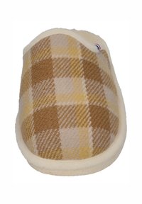Checkered beige and brown slipper with a soft, fuzzy texture and cream-colored trim. Rounded shape, closed toe design, cozy appearance.