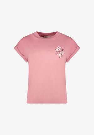 Roze katoenen T-shirt met korte opgerolde mouwen, ronde halslijn en een bloemmotief geborduurd aan de linkerkant. Zachte textuur.