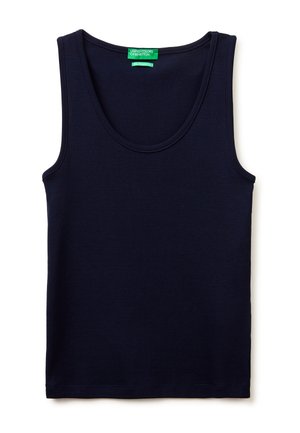 Granatowy bezrękawnik bawełniany z okrągłym dekoltem, widok z góry, pokazujący zieloną metkę marki na kołnierzu.