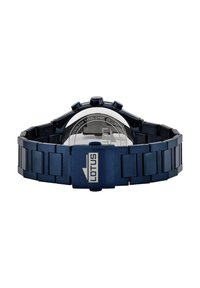 Montre en acier inoxydable bleue avec un bracelet en métal, boîtier rond, trois boutons sur le côté et un logo visible sur le fermoir.