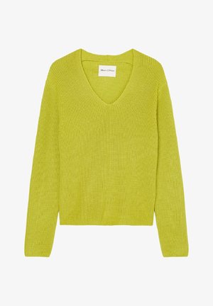 Pull tricoté vert lime avec col en V, manches longues et finition texturée. Design simple sans ornement visible.