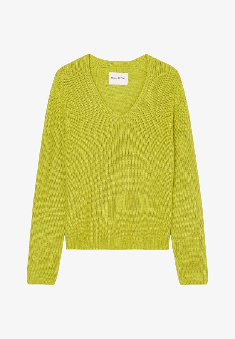 Pull tricoté vert lime avec col en V, manches longues et finition texturée. Design simple sans ornement visible.