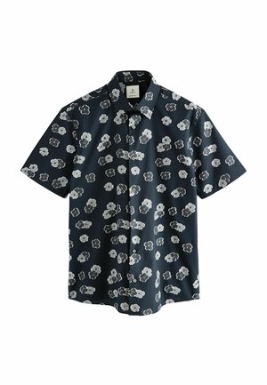Short-sleeved shirt in navy with a floral pattern in white and grey. Made of lightweight fabric, featuring a collared neckline and button front.