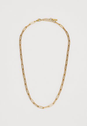 Ogrlica zlatne boje s izduženim, međusobno povezanim ovalnim i pravokutnim karikama. Ima sigurnosnu kopču i podesivi produžetak.