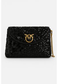 Pochette da sera nera in paillettes con tracolla in oro e chiusura a forma di uccello in oro sul flap anteriore.