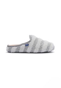 Zachte, instapslipper met witte en grijze, gekrulde textuurstrepen en een klein blauw logo-label aan de zijkant.