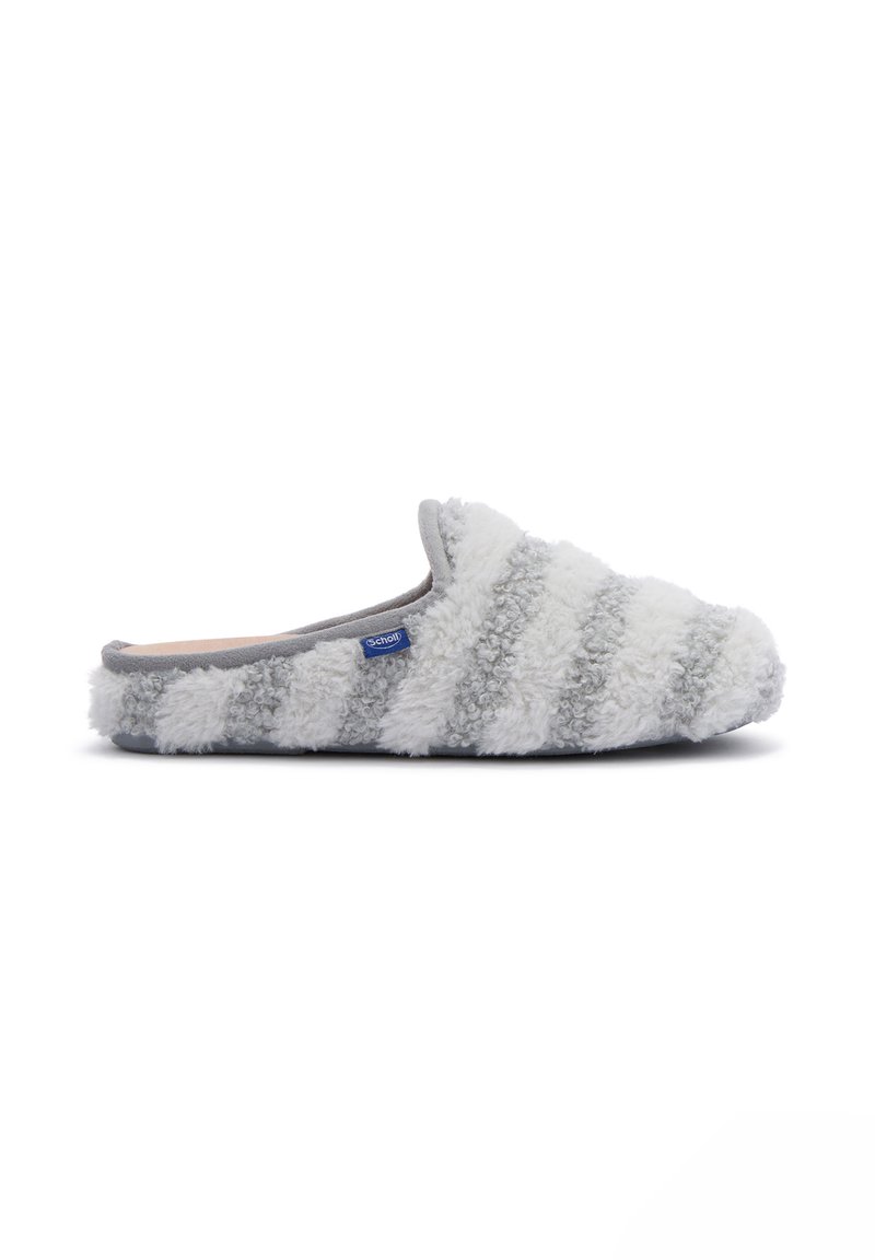 Zachte, instapslipper met witte en grijze, gekrulde textuurstrepen en een klein blauw logo-label aan de zijkant.