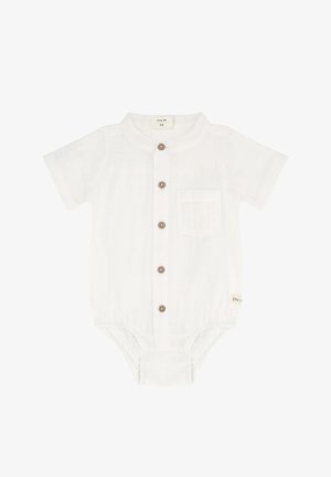 Body bianco a maniche corte in tessuto morbido, con collo rotondo, cinque bottoni in legno e dettaglio con tasca frontale.