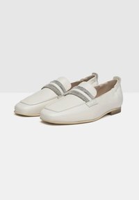 White leather loafers with a smooth texture, featuring two metallic-accented bands across the instep and a low, textured heel.