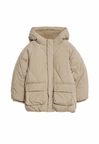 Beige péřová bunda s kapucí, diamantovým prošíváním, dvěma předními kapsami se západkami a měkkou, texturovanou podšívkou.
