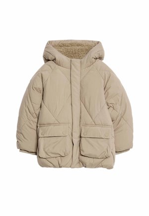 Giacca puffer beige con cappuccio, trapuntatura a rombi, due tasche frontali con chiusura a scatto e un morbido rivestimento interno testurizzato.