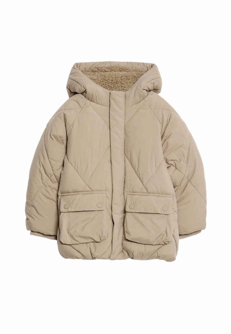 Beige péřová bunda s kapucí, diamantovým prošíváním, dvěma předními kapsami se západkami a měkkou, texturovanou podšívkou.