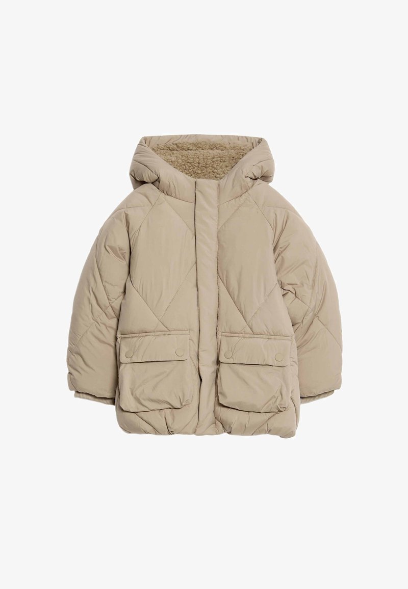 Beige péřová bunda s kapucí, diamantovým prošíváním, dvěma předními kapsami se západkami a měkkou, texturovanou podšívkou.