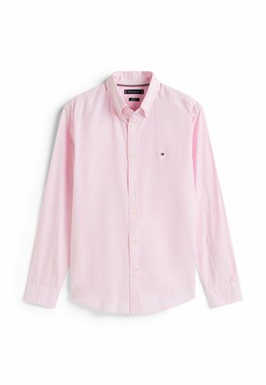 Lichte roze overhemd met knoopsluiting, een kraag, lange mouwen en een klein logo. Gemaakt van geweven stof met een subtiel patroon en witte knopen.