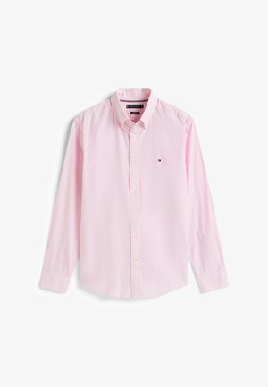 Jasnoróżowa koszula zapinana na guziki z kołnierzykiem, długimi rękawami i małym logo. Wykonana z tkaniny w plecionkę z delikatnym wzorem i białymi guzikami.