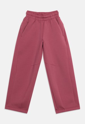 Pantalon de jogging mauve à taille élastique avec poches latérales et coupe droite décontractée, fabriqué en tissu doux et confortable.