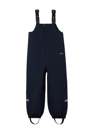 Børns mørkeblå vandtætte overalls med justerbare skulderstropper, elastiske anklåse, fodremme og reflekser på benene.