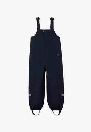 Børns mørkeblå vandtætte overalls med justerbare skulderstropper, elastiske anklåse, fodremme og reflekser på benene.