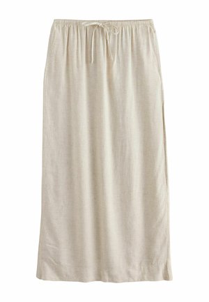 Jupe maxi en lin beige clair avec une taille élastique et un cordon de serrage. Dotée de fentes latérales et d'une finition lisse et texturée.