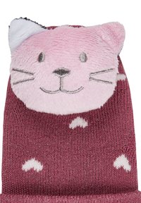 Knit hat in maroon with a plush pink cat face on top. Features embroidered details, white ears, and heart patterns in lighter shades.