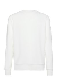 Felpa bianca con maniche lunghe, colletto a girocollo, polsini e orlo a costine. Tessuto liscio senza motivi o decorazioni.