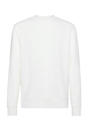 White sweatshirt with long sleeves, crew neckline, ribbed cuffs, and hem. Smooth texture with no patterns or embellishments.