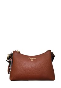 Borsa a mano in pelle marrone con texture, logo Pollini dorato, cerniera dorata e dettaglio di tracolla intrecciata multicolore su sfondo bianco.