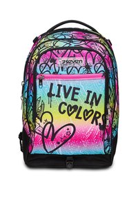 Zaino multicolore con un design gradiente vivace. Presenta dettagli neri, testo in stile graffiti "VIVI A COLORI" e motivi a cuore.