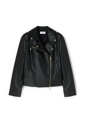Czarna kurtka motocyklowa z eko skóry z asymetrycznym zamkiem z przodu, kieszenią na suwak na piersi i ozdobami na kołnierzu na zatrzaski.