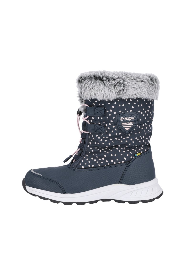 Marineblaue Schneestiefel mit grauem Kunstfellbesatz; gepunktetes Muster; wasserdichtes Material; Gummisohle; mit Schnürung und Markierung zur Identifikation der Marke.